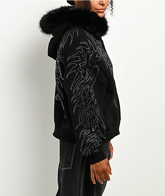 Affliction Skeleton Faux Fur Black Zip Hoodie