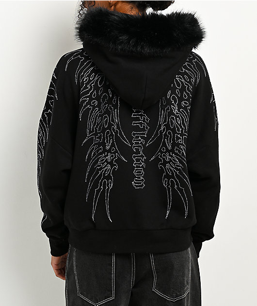 Affliction Skeleton Faux Fur Black Zip Hoodie