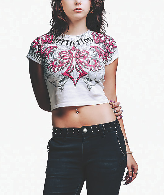 Affliction Skeleton Pink & White Crop T-Shirt