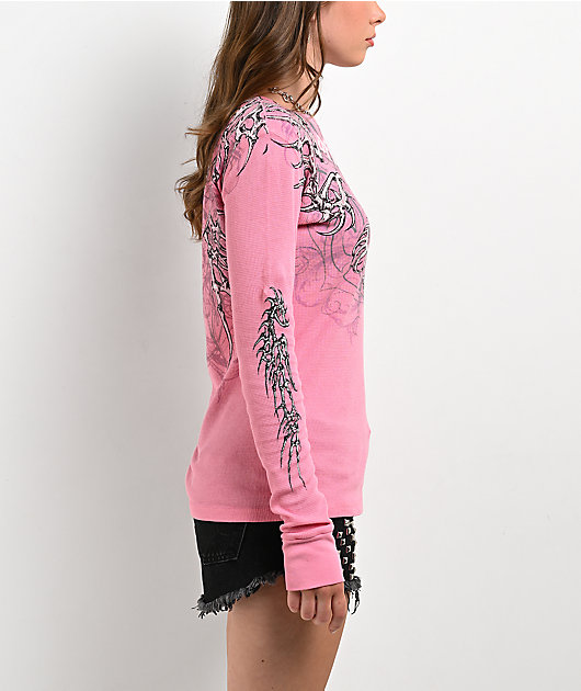 Affliction Skeleton Pink Thermal Long Sleeve T-Shirt