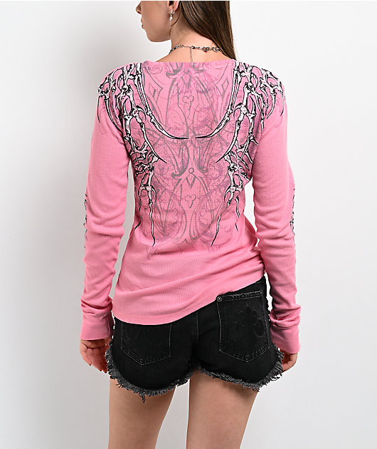 Affliction Skeleton Pink Thermal Long Sleeve T-Shirt
