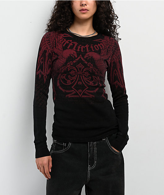 ク*コ様 AFFLICTION 長袖シャツ ブラック レッド　ロンT 長袖 Affliction Skyward Crown Black Thermal Long Sleeve T-Shirt | Zumiez