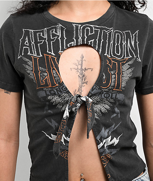 Affliction Sweet Home Black Wash Front Tie Crop T-Shirt
