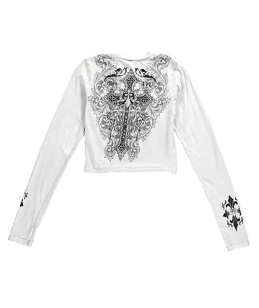 Affliction Syndic Grey Long Sleeve Crop T-Shirt