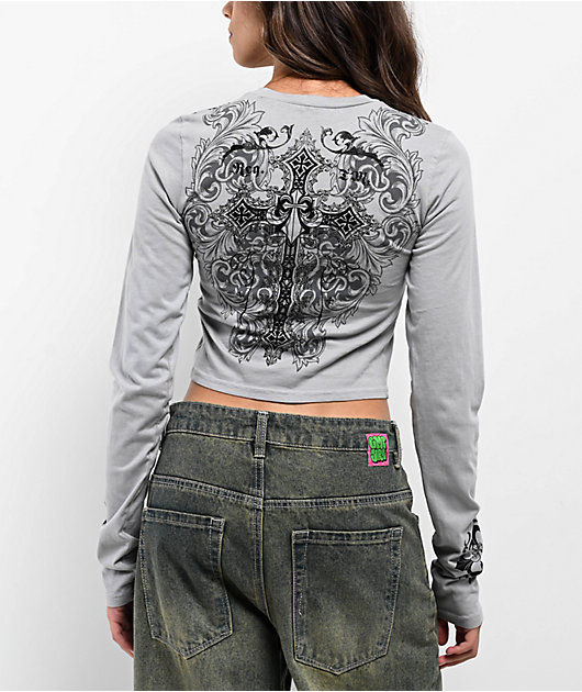 Affliction Syndic Grey Long Sleeve Crop T-Shirt