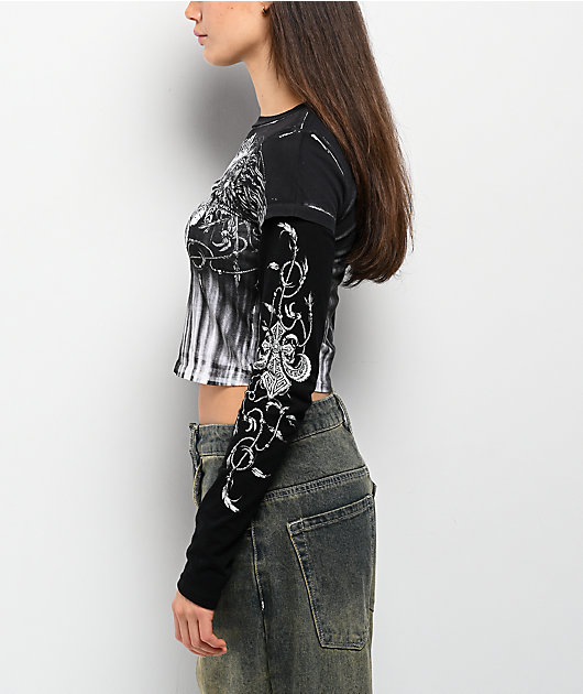 Affliction Tarnished Wire Black & White 2fer Long Sleeve Crop T-Shirt