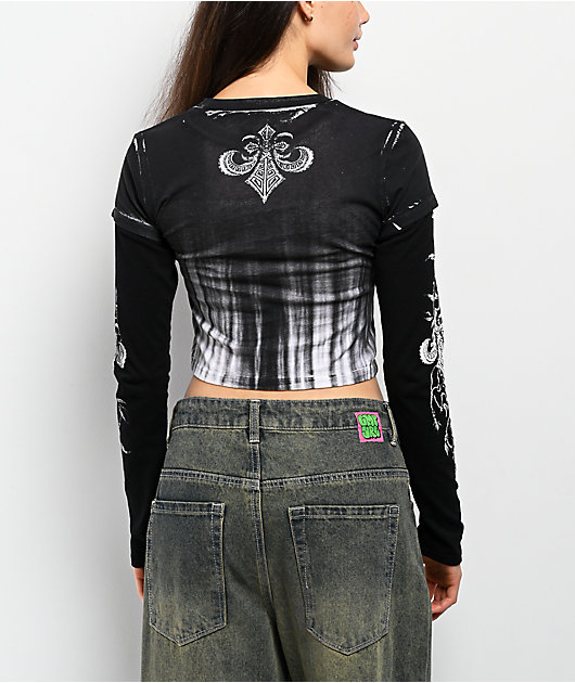 Affliction Tarnished Wire Black & White 2fer Long Sleeve Crop T-Shirt