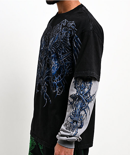 Affliction Toxic Wrath Black Wash & Grey 2fer Long Sleeve T-Shirt