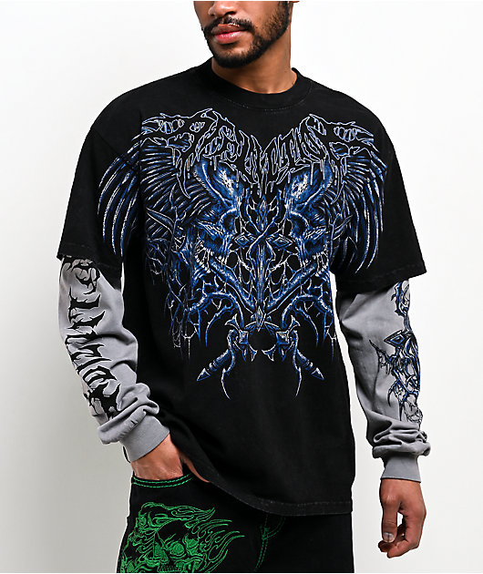 rawlifefactory OLF改　雹衣 Affliction Toxic Wrath Black Wash & Grey 2fer Long Sleeve T-Shirt