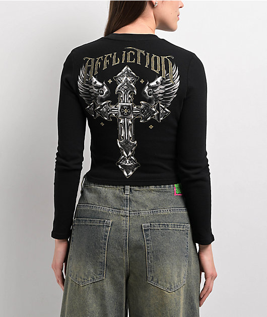 Affliction Venetian Fleet Black Thermal Long Sleeve Crop T-Shirt