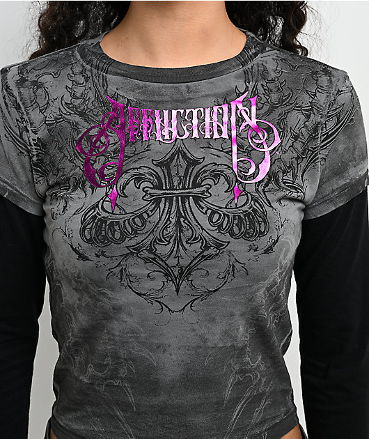 Affliction Vertibrate Tie Dye Grey & Black 2fer Long Sleeve Crop T-Shirt
