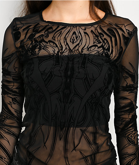 Affliction Waterfalls Black Long Sleeve Mesh Top