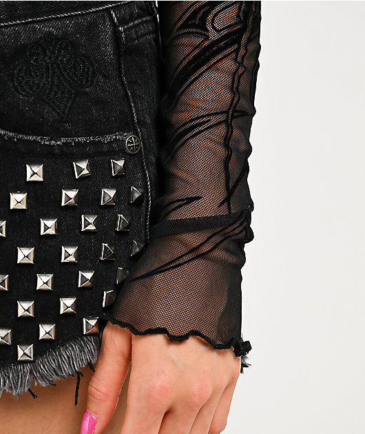 Affliction Waterfalls Black Long Sleeve Mesh Top