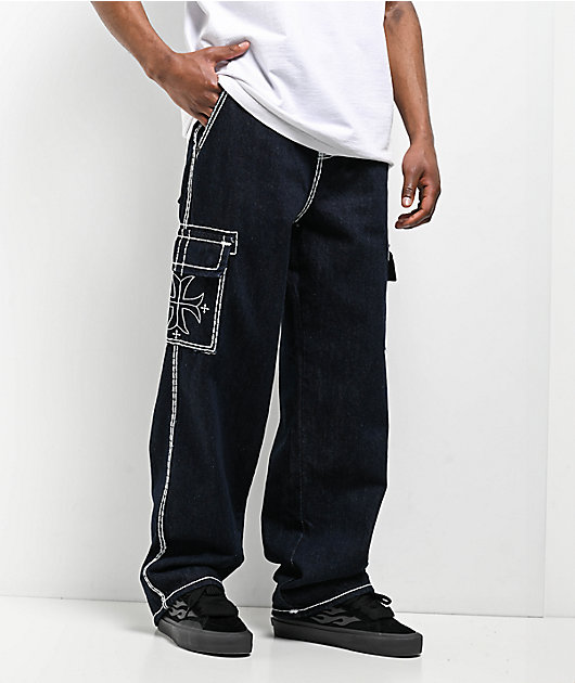 Affliction Wide Leg Blue Wash Cargo Jeans | Zumiez