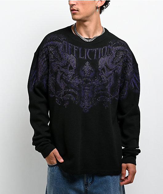 Affliction Winged Up Rhinestone Purple Oversized Thermal Long Sleeve T-Shirt