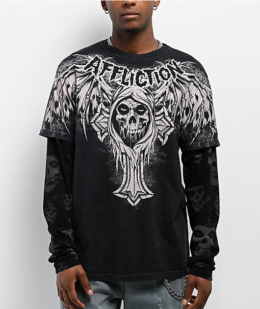 Affliction x Misfits Bat Black Wash 2fer Long Sleeve T-Shirt | Zumiez