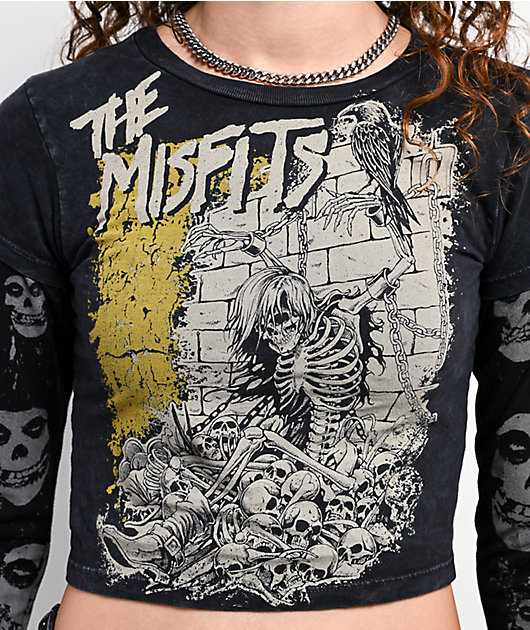 Affliction x Misfits Shackles Black Wash 2fer Long Sleeve Crop T-Shirt