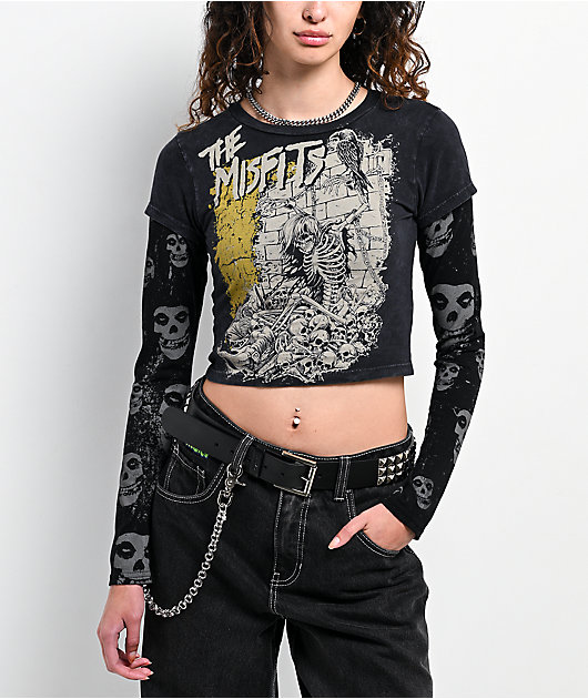 Affliction x Misfits Shackles Black Wash 2fer Long Sleeve Crop T