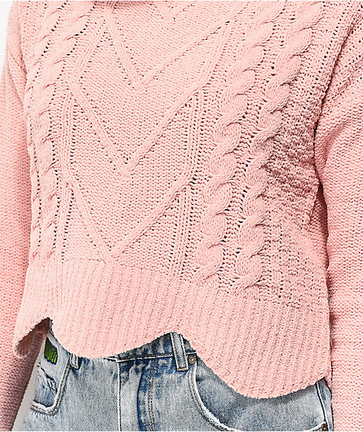 Almost Famous Chenille Cable Knit Scallop Edge Pink Sweater