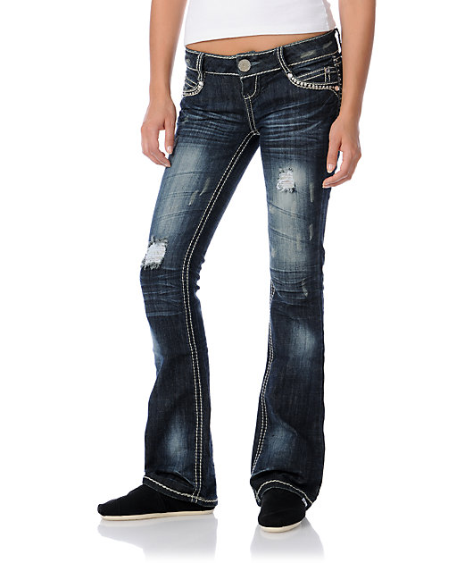 Almost Famous Marylyn Distressed Rhinestone Bootcut Jeans | Zumiez