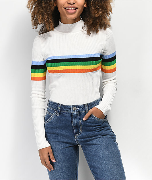 white sweater with rainbow stripe