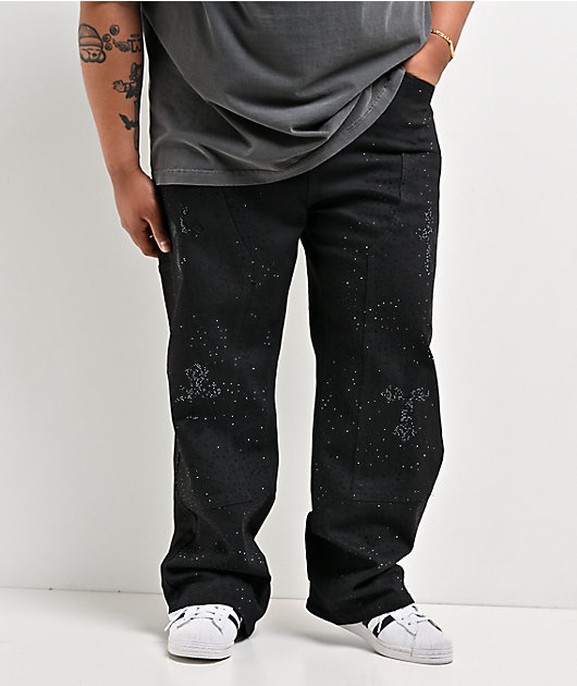 American Stitch Cross Rhinestone Double Knee Black Carpenter Jeans