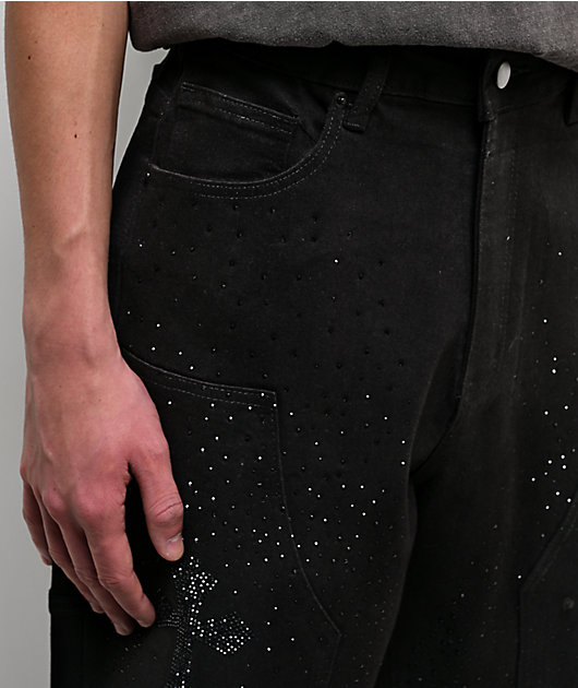 American Stitch Cross Rhinestone Double Knee Black Carpenter Jeans