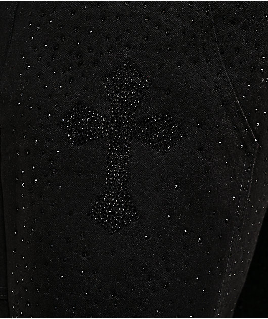 American Stitch Cross Rhinestone Double Knee Black Carpenter Jeans