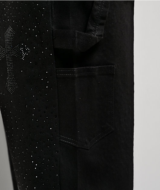 American Stitch Cross Rhinestone Double Knee Black Carpenter Jeans