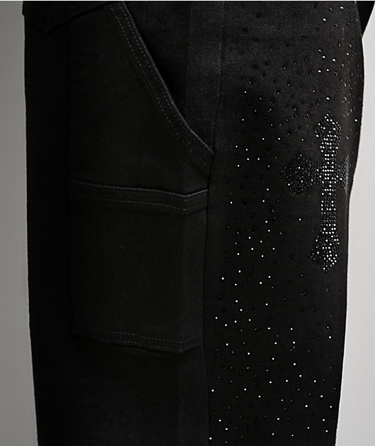 American Stitch Cross Rhinestone Double Knee Black Carpenter Jeans