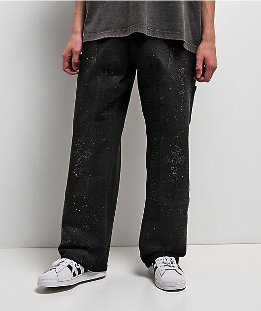 American Stitch Cross Rhinestone Double Knee Black Carpenter Jeans