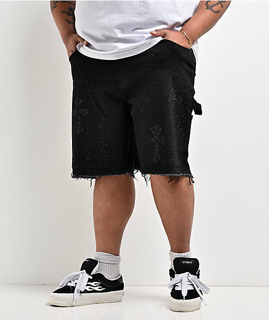 American Stitch Cross Rhinestone Double Knee Black Carpenter Shorts