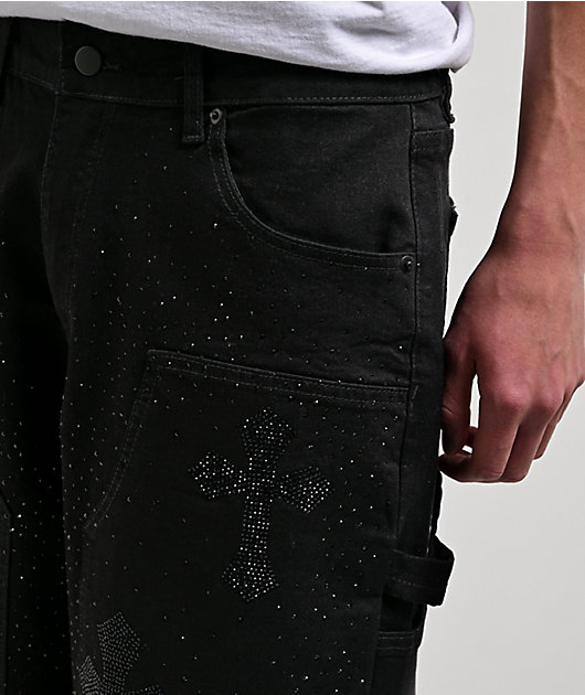 American Stitch Cross Rhinestone Double Knee Black Carpenter Shorts