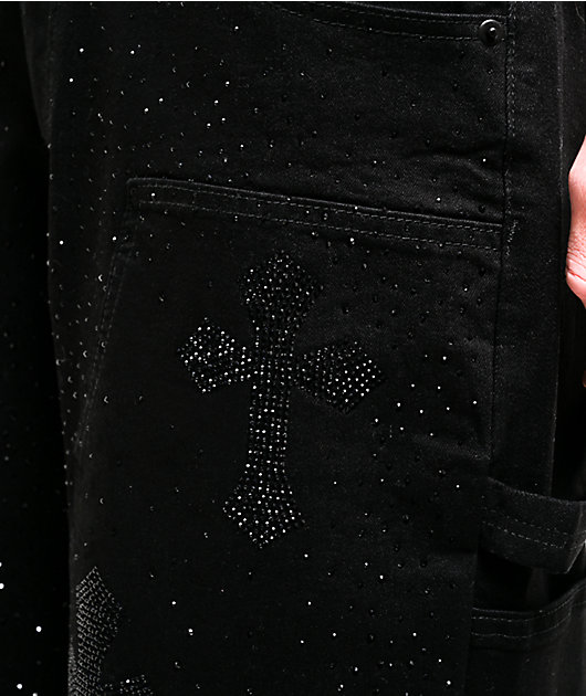 American Stitch Cross Rhinestone Double Knee Black Carpenter Shorts