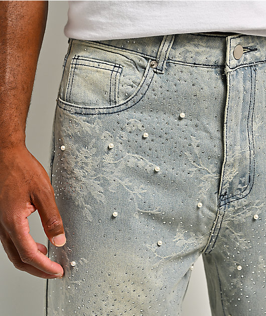American Stitch Embroidered Print Light Blue Wash Jeans
