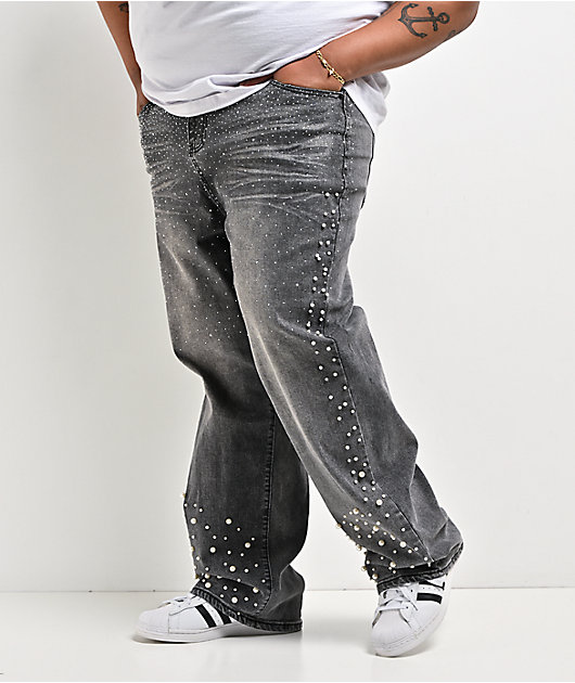 American Stitch Pearl Rhinestone Grey Wash Baggy Jeans