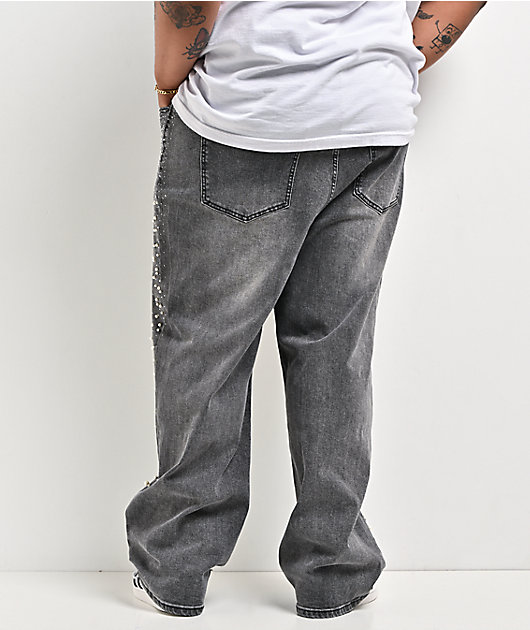 American Stitch Pearl Rhinestone Grey Wash Baggy Jeans