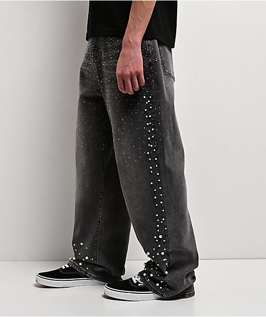 American Stitch Pearl Rhinestone Grey Wash Baggy Jeans