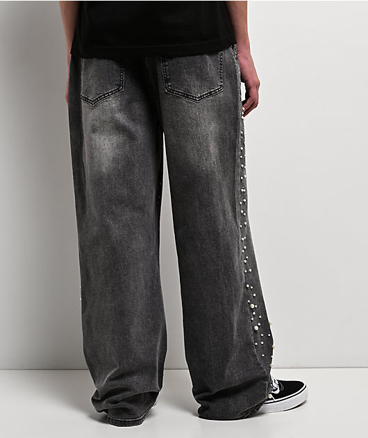 American Stitch Pearl Rhinestone Grey Wash Baggy Jeans