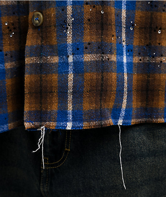 American Stitch Rhinestone Blue & Brown Flannel T-Shirt