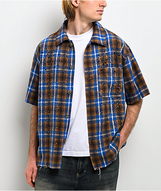 American Stitch Rhinestone Blue & Brown Flannel T-Shirt
