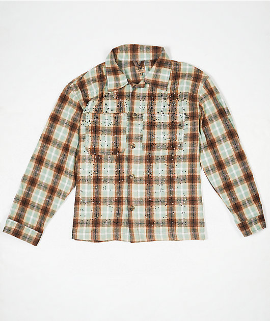 American Stitch Rhinestone Brown & Light Blue Flannel Shirt