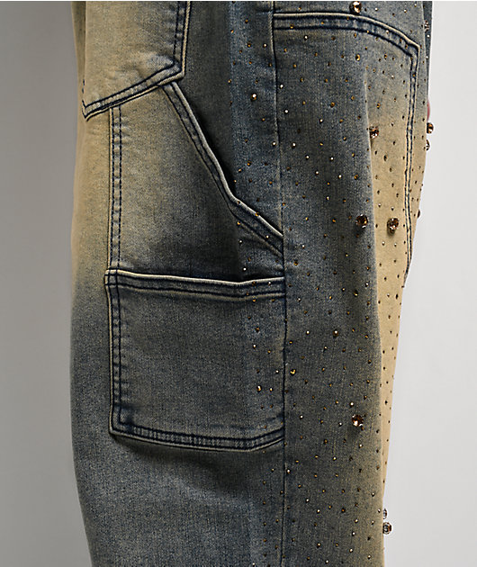 American Stitch Rhinestone Double Knee Blue Wash Carpenter Jeans
