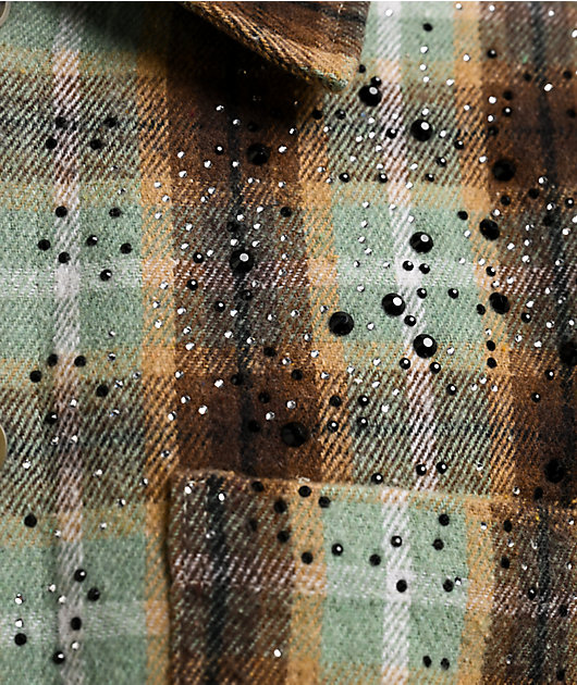 American Stitch Rhinestone Green & Brown Flannel T-Shirt