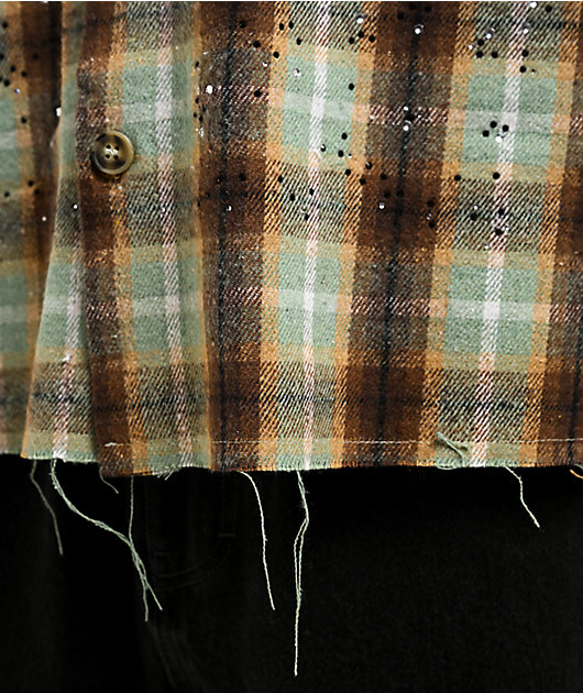 American Stitch Rhinestone Green & Brown Flannel T-Shirt
