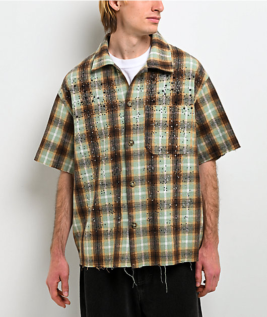 American Stitch Rhinestone Green & Brown Flannel T-Shirt