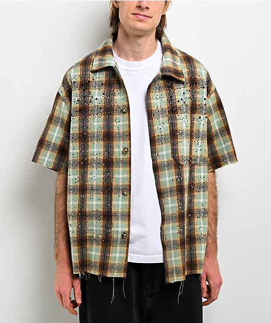 American Stitch Rhinestone Green & Brown Flannel T-Shirt