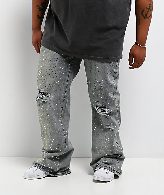 American Stitch Rhinestone Light Blue Wash Distressed Baggy Jeans