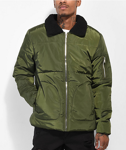 American Stitch Sherpa Collar Olive Puffer Jacket Zumiez