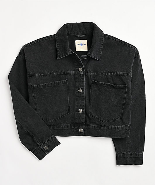 【AAKE】BLACK DENIM CROP JK Black Denim Single-Breasted Crop denim jacket for Women